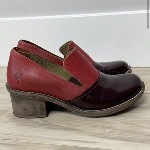 Fly London chunky block heel burgundy leather loafer patent toe size 38